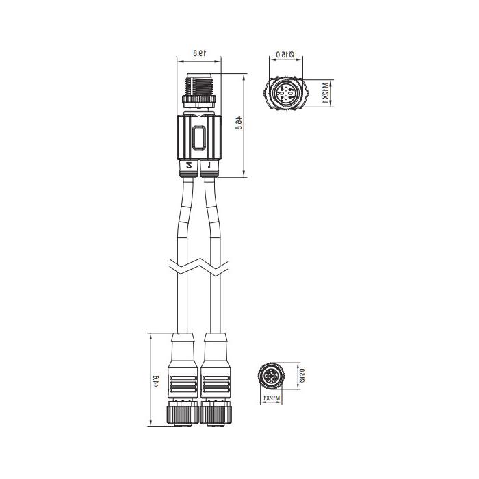 M12 4Pin male/2M12 3Pin female、Y-shaped precast PVC non-flexible cable、Gray sheath、64D403-XXX