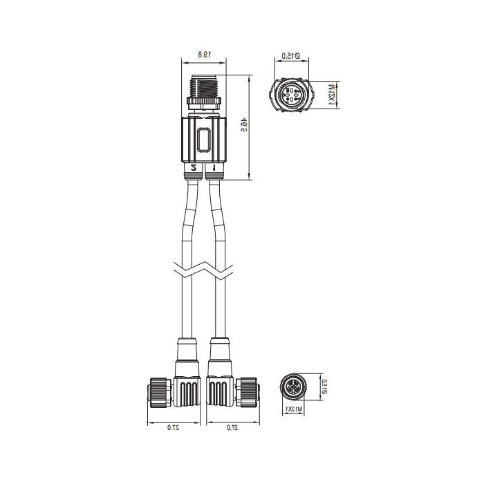 M12 4Pin male/2M12 3Pin female 90° 3Pin 、With LED lights、Y-shaped precast PVC non-flexible cable、Gray sheath、64D443-XXX