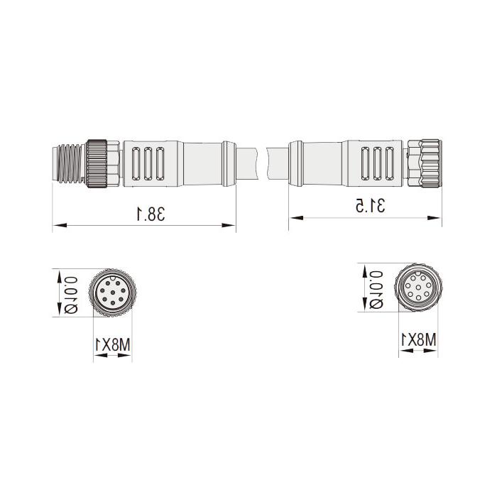 M8 8Pin、母头直型转公头直型、双端预铸PUR柔性电缆、带屏蔽、黑色护套、63DA81-XXX