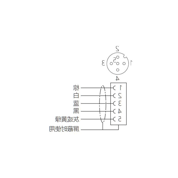 M12 5Pin、母头90°、单端预铸电缆、防焊渣PUR材质、橙色护套、64T543-XXX